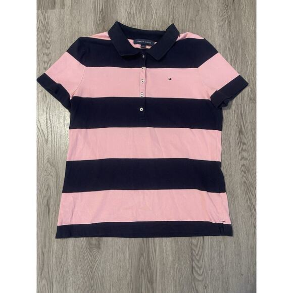 Tommy Hilfiger Y2K Polo Golf Shirt Large Navy Blue Pink Striped Heritage Preppy - Picture 2 of 9